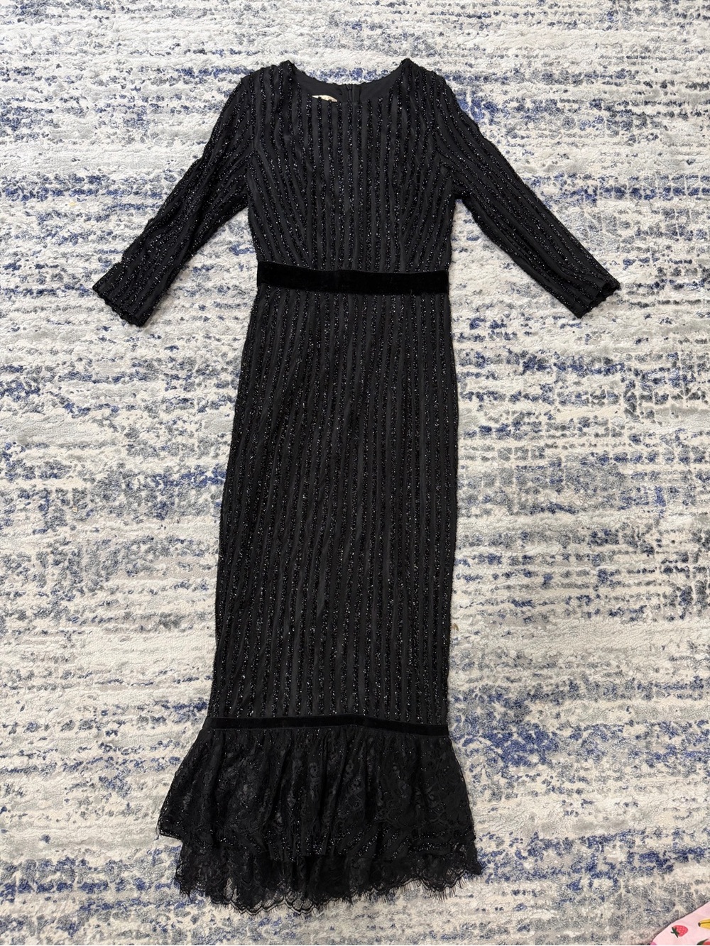 Black Beaded Long Sleeve Cocktail Dress with Lace Hem